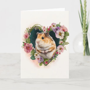 Adorable Hamster with Pink Flowers Valentine's Day Holiday Card