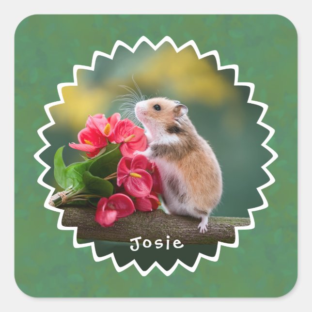 Adorable hamster with Red Arthurium Bouquet Square Sticker (Front)