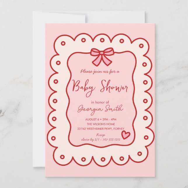 Adorable Hand Drawn Bow Baby Shower Invitation (Front)