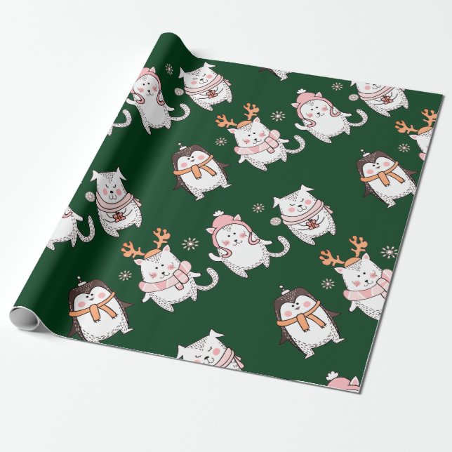 ADORABLE HAND DRAWN CHRISTMAS ANIMAL GIFT WRAPPING WRAPPING PAPER (Unrolled)