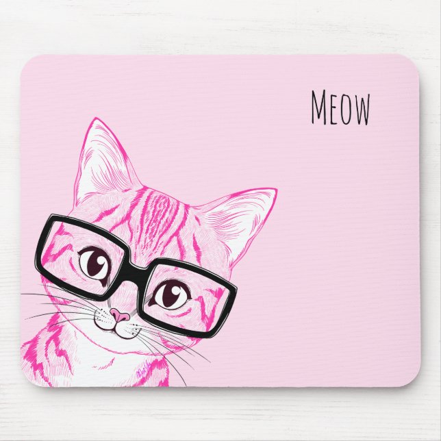 Adorable Hand Drawn Nerdy Cat Art Pink Mouse Pad (Front)