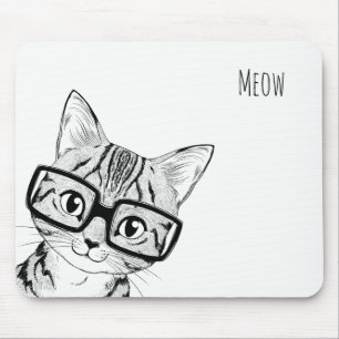 Adorable Hand Drawn Nerdy Cat Art White Mouse Pad