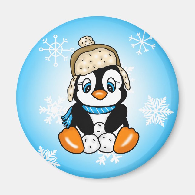 Adorable Hand drawn Penguin with Snowballs Magnet (Front)