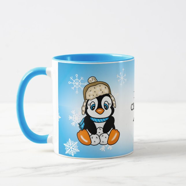 Adorable Hand drawn Penguin with Snowballs Mug (Left)