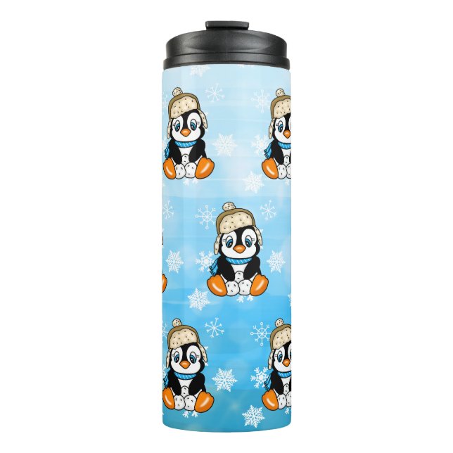 Adorable Hand drawn Penguin with Snowballs Thermal Tumbler (Front)