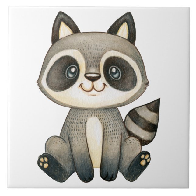 Adorable Hand-Drawn Racoon Illustration Ceramic Tile (Front)