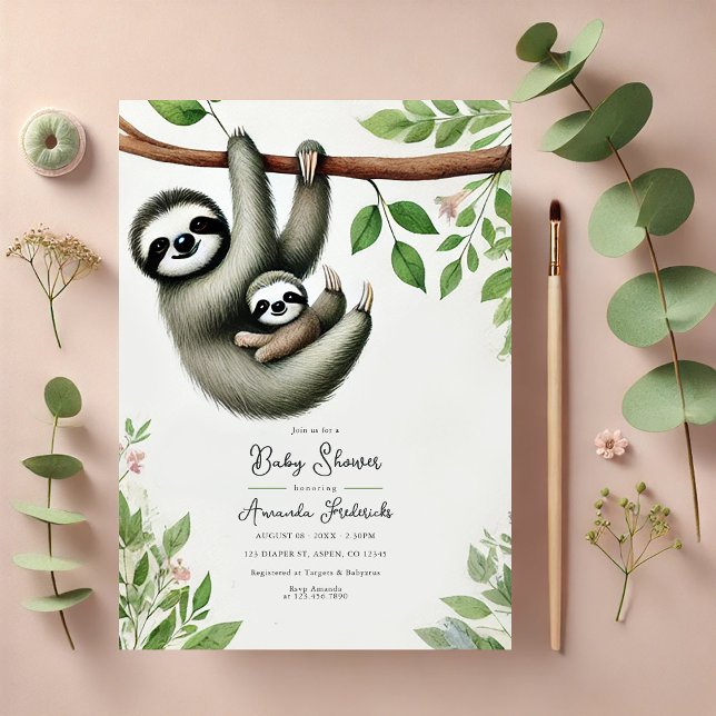 Adorable Hanging Sloth Baby Shower Invitation (Adorable Hanging Sloth Baby Shower Invitation)