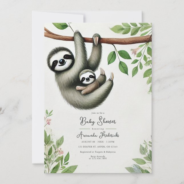 Adorable Hanging Sloth Baby Shower Invitation (Front)