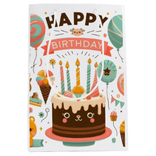 Adorable Happy Birthday Cute Cake & Bear Medium Gift Bag