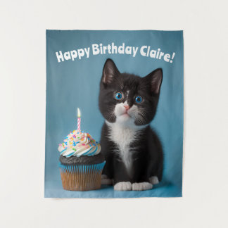 Adorable Happy Birthday Kitten, Customisable Tapestry