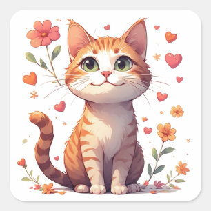 Adorable Happy Cat With Hearts And Flowers 🌷 Square Sticker
