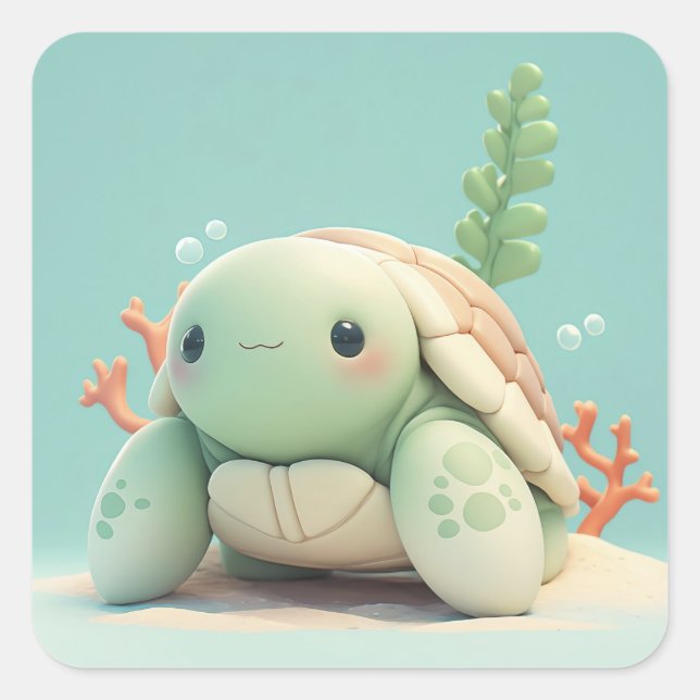 Adorable Happy Clay Sea Turtle Square Sticker (Front)