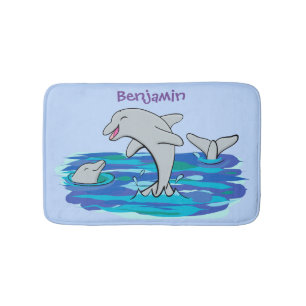Adorable happy dolphins cartoon illustration bath mat