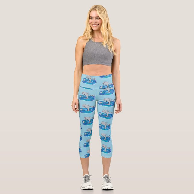 Adorable happy dolphins cartoon illustration capri leggings (Front)