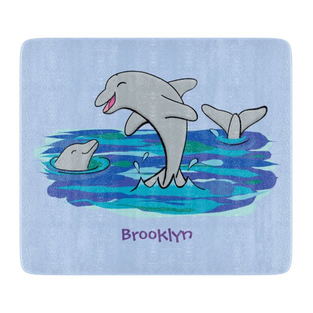 Adorable happy dolphins cartoon illustration cutting board (Front)