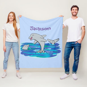 Adorable happy dolphins cartoon illustration fleece blanket