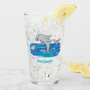Adorable happy dolphins cartoon illustration glass