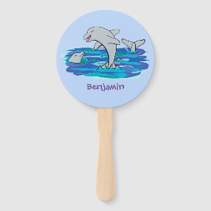 Adorable happy dolphins cartoon illustration hand fan