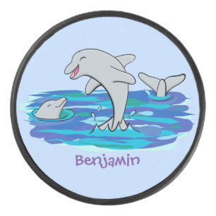 Adorable happy dolphins cartoon illustration hockey puck