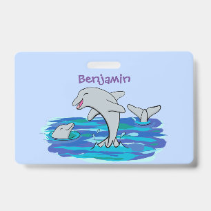 Adorable happy dolphins cartoon illustration ID badge