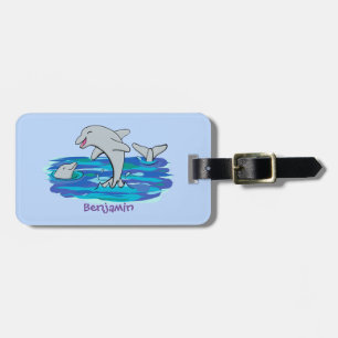 Adorable happy dolphins cartoon illustration luggage tag