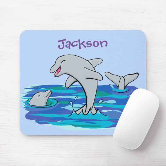 Adorable happy dolphins cartoon illustration mouse pad (With Mouse)