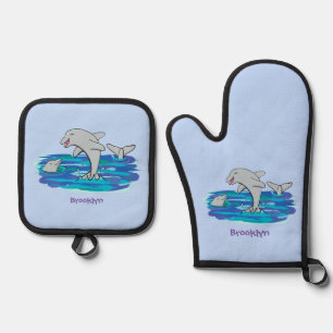 Adorable happy dolphins cartoon illustration oven mitt & pot holder set