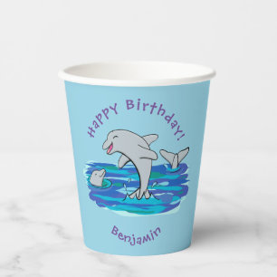 Adorable happy dolphins cartoon illustration paper cups