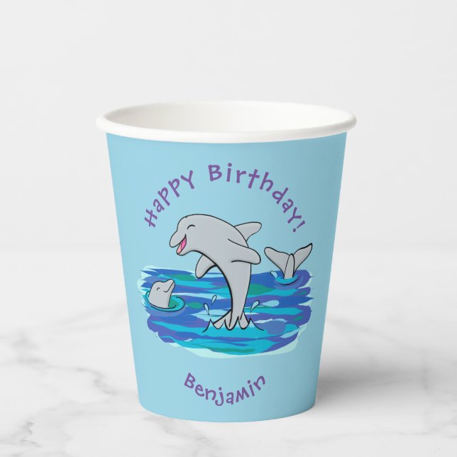 Adorable happy dolphins cartoon illustration  paper cups (Front)