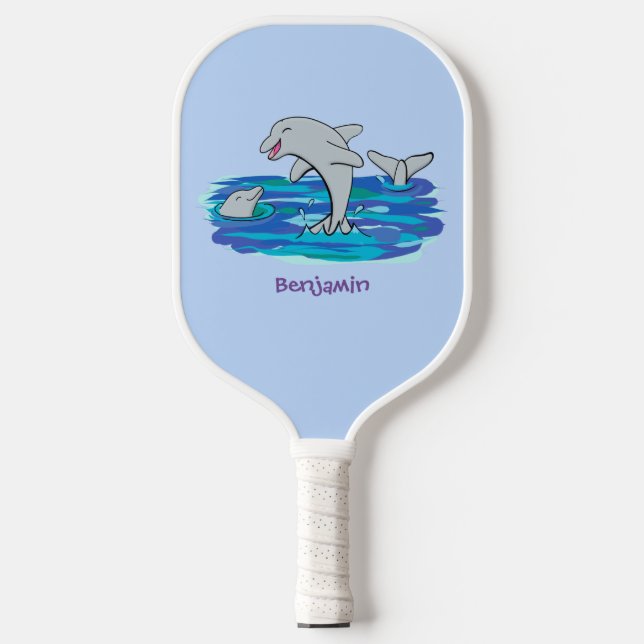 Adorable happy dolphins cartoon illustration  pickleball paddle (Front)