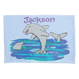 Adorable happy dolphins cartoon illustration pillowcase