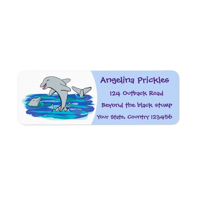 Adorable happy dolphins cartoon illustration return address label (Front)