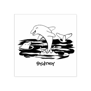 Adorable happy dolphins cartoon illustration rubber stamp