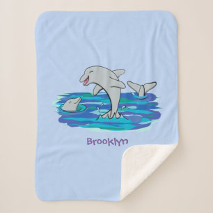 Adorable happy dolphins cartoon illustration  sherpa blanket