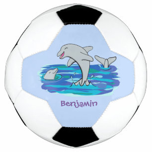 Adorable happy dolphins cartoon illustration soccer ball