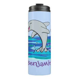 Adorable happy dolphins cartoon illustration thermal tumbler