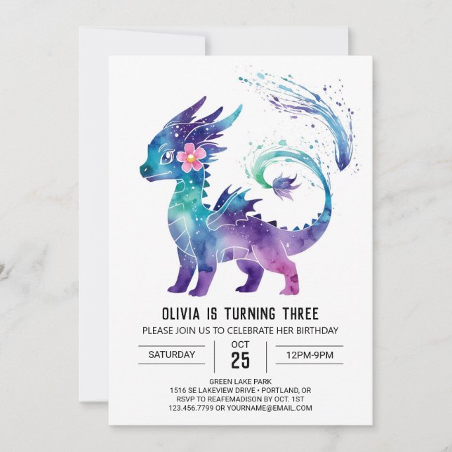 Adorable Happy Dragon Digital Girl Birthday Invitation (Front)
