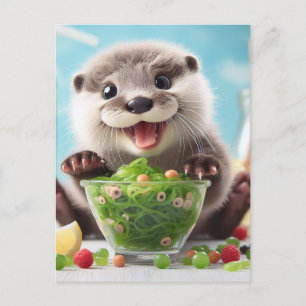 Adorable Happy Otter Making a Salad Postcard