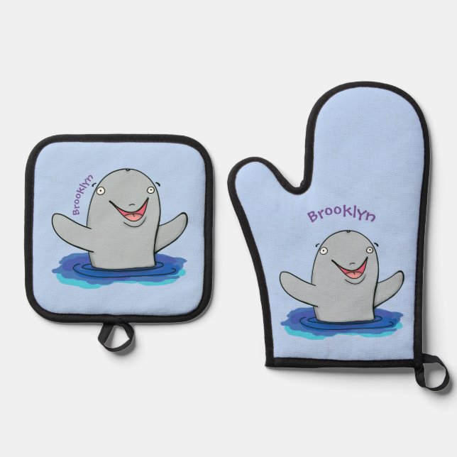 Adorable happy porpoise cartoon illustration oven mitt & pot holder set (Front)