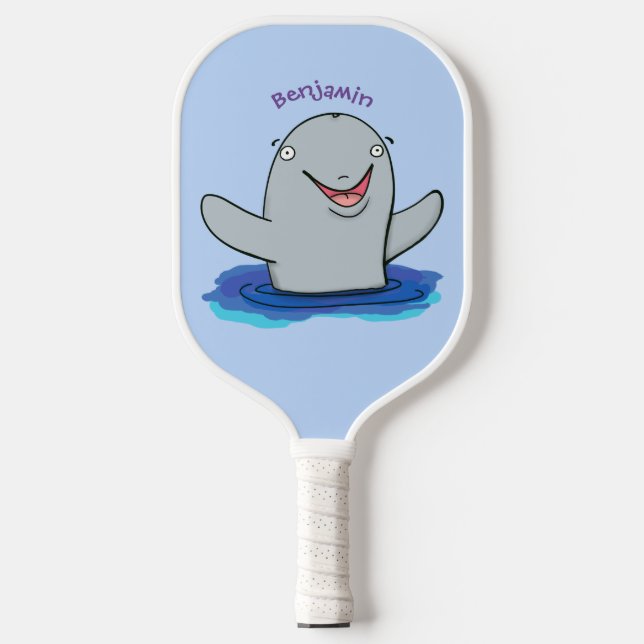 Adorable happy porpoise cartoon illustration pickleball paddle (Front)