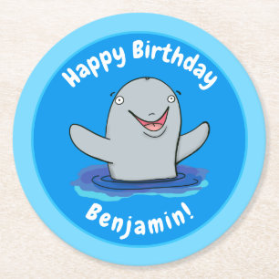 Adorable happy porpoise cartoon illustration round paper coaster