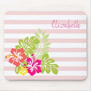 Adorable Hawaiian Hibiskus, Stripes -Personalised Mouse Pad