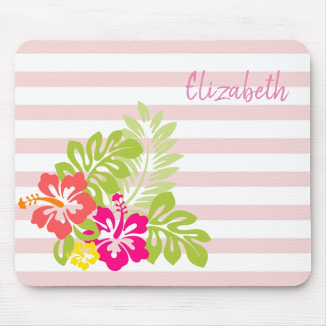 Adorable Hawaiian Hibiskus, Stripes -Personalised Mouse Pad (Front)