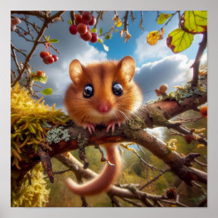 Adorable Hazel Dormouse in a Woodland Tree Poster