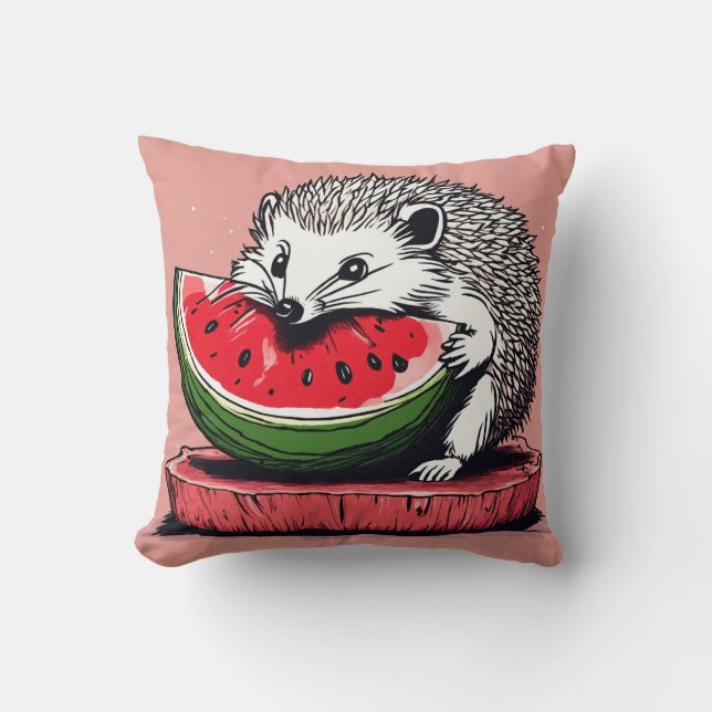 Adorable Hedgehog Eating Watermelon Pillow Design (Front)