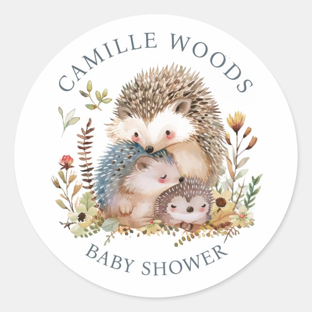 Adorable Hedgehog Family Baby Shower Invitation Classic Round Sticker (Front)