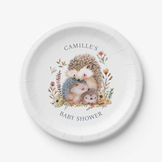Adorable Hedgehog Family Pink Baby Shower  Paper Plate (Front)