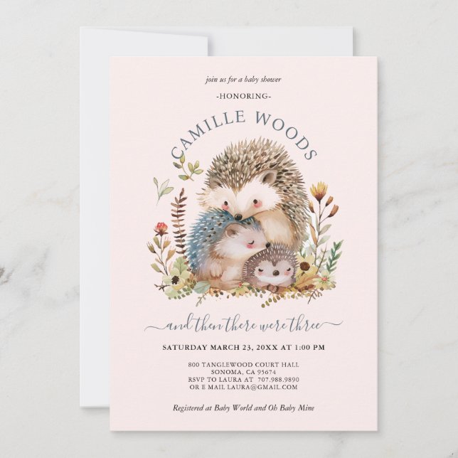 Adorable Hedgehog Family Pink Girl Baby Shower  Invitation (Front)