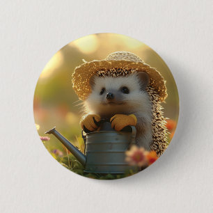 Adorable Hedgehog Gardener in a Flower Field 6 Cm Round Badge