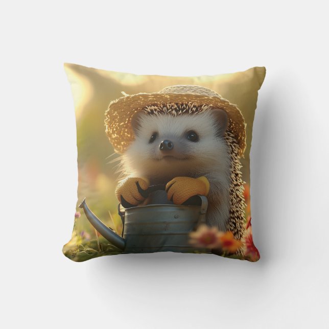 Adorable Hedgehog Gardener in a Flower Field Cushion (Front)